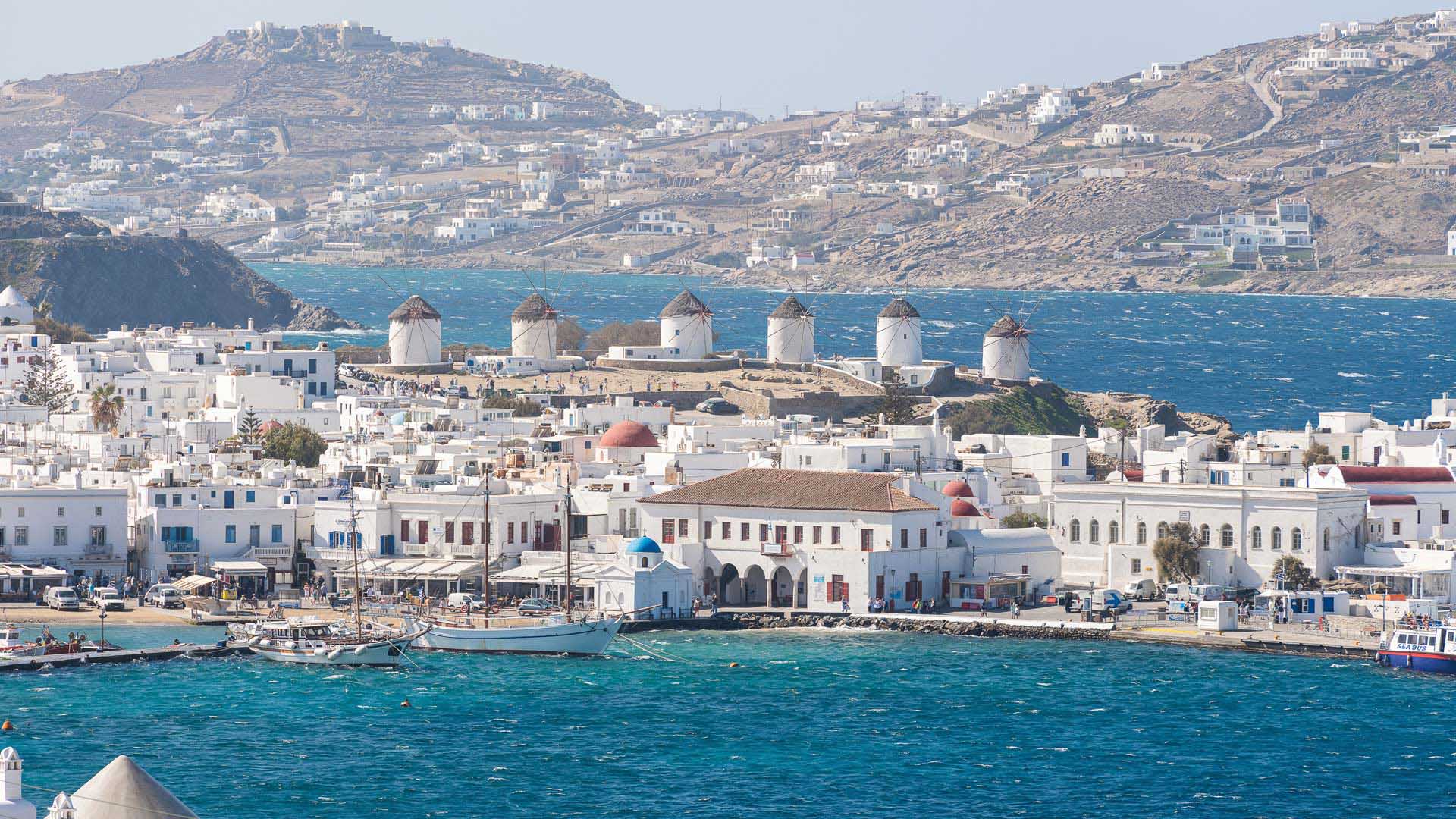 Mykonos town with windmills